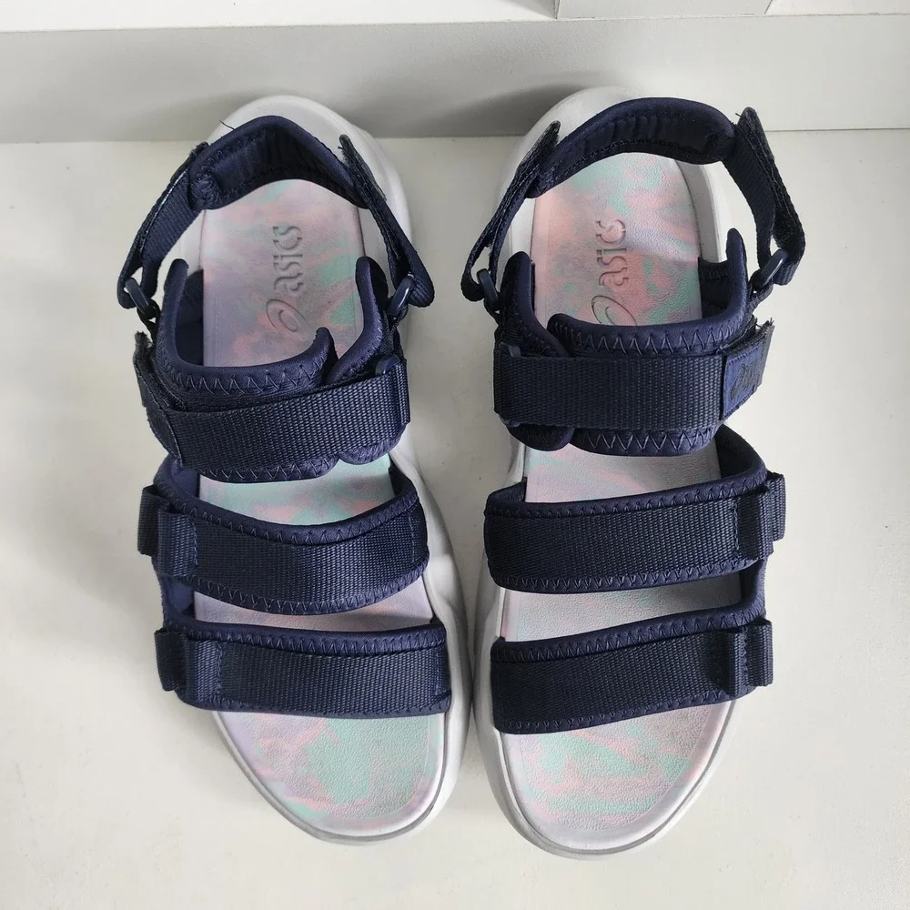 *Asics Bondal Mens 9/ Womens 10.5 Navy Blue White Chunky Strappy Sport Sandals